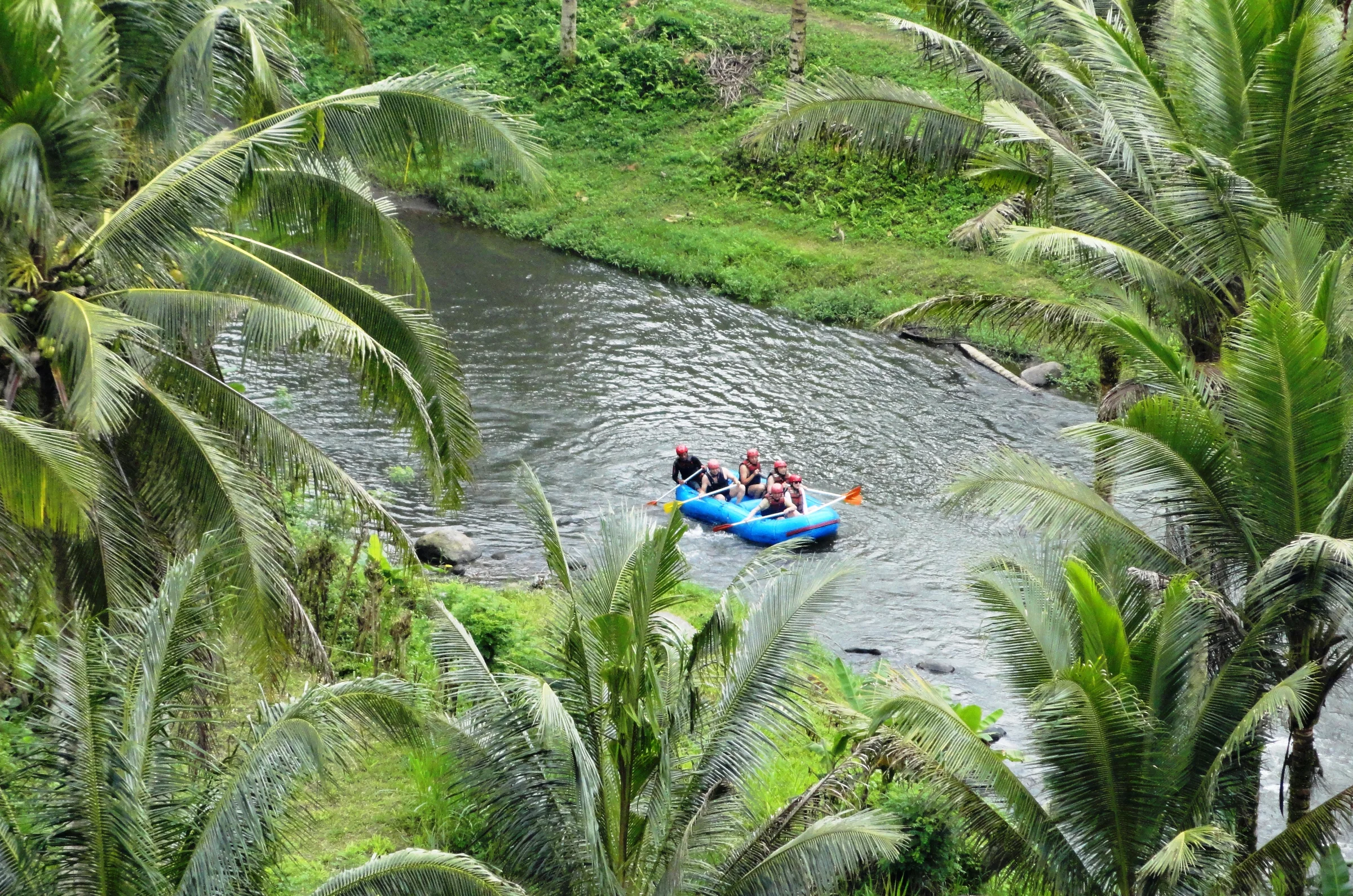 A raft on the Ayung River among palm trees, seen from the valley above near Ubud
