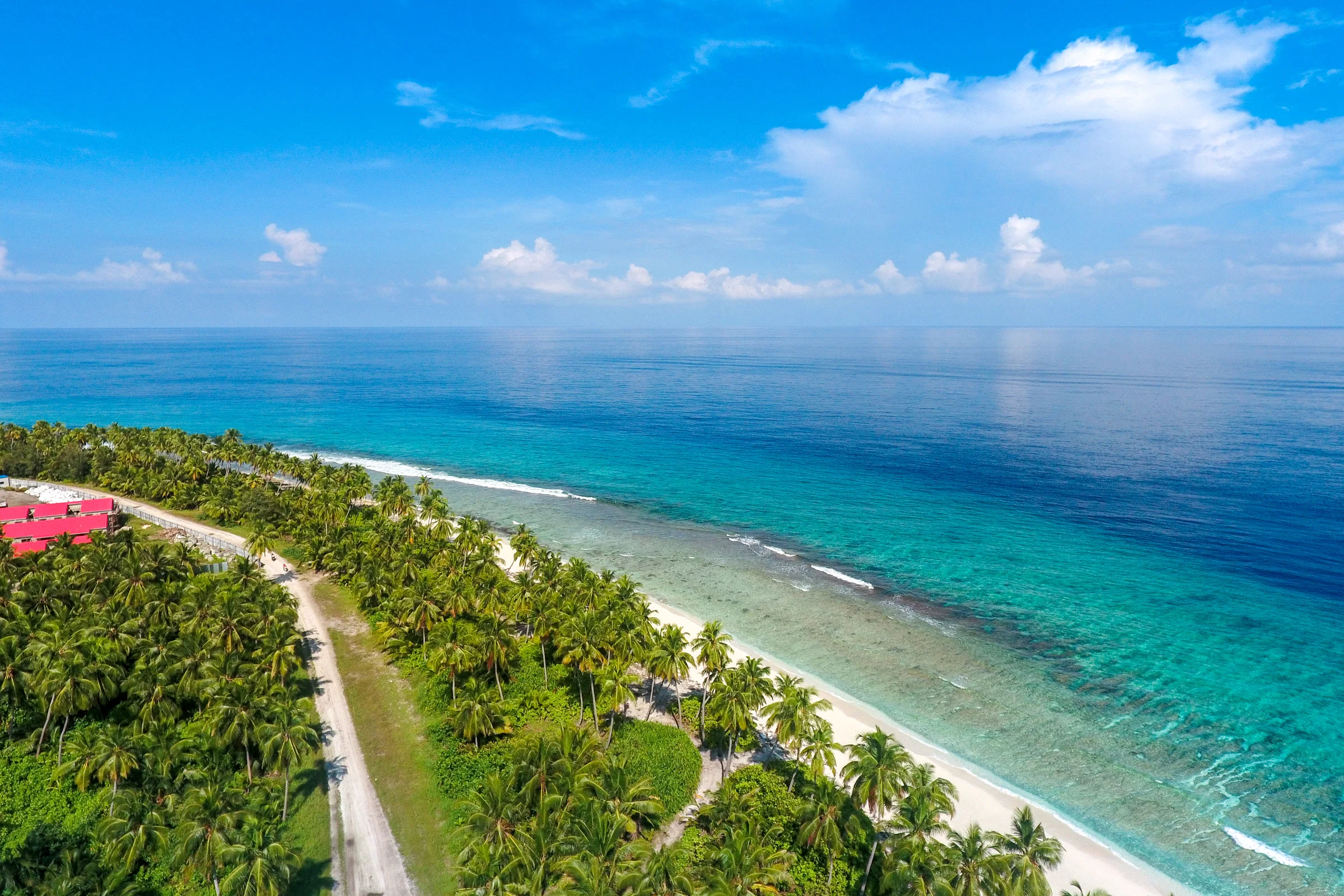 A palm-lined road along the reef-fringed shore of Laamu Atoll, from the air