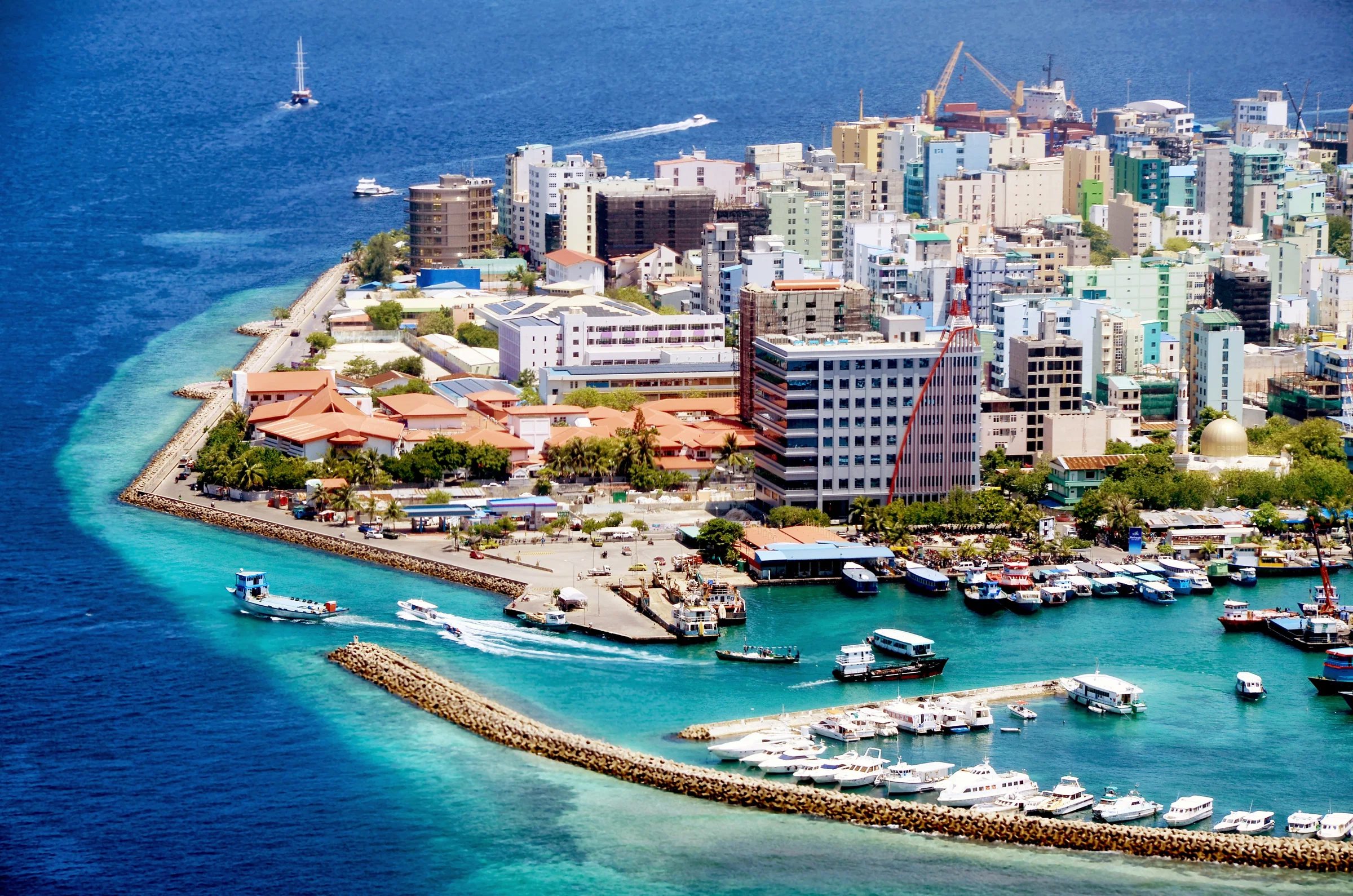 Aerial view of Malé, its harbour and the reef around the capital
