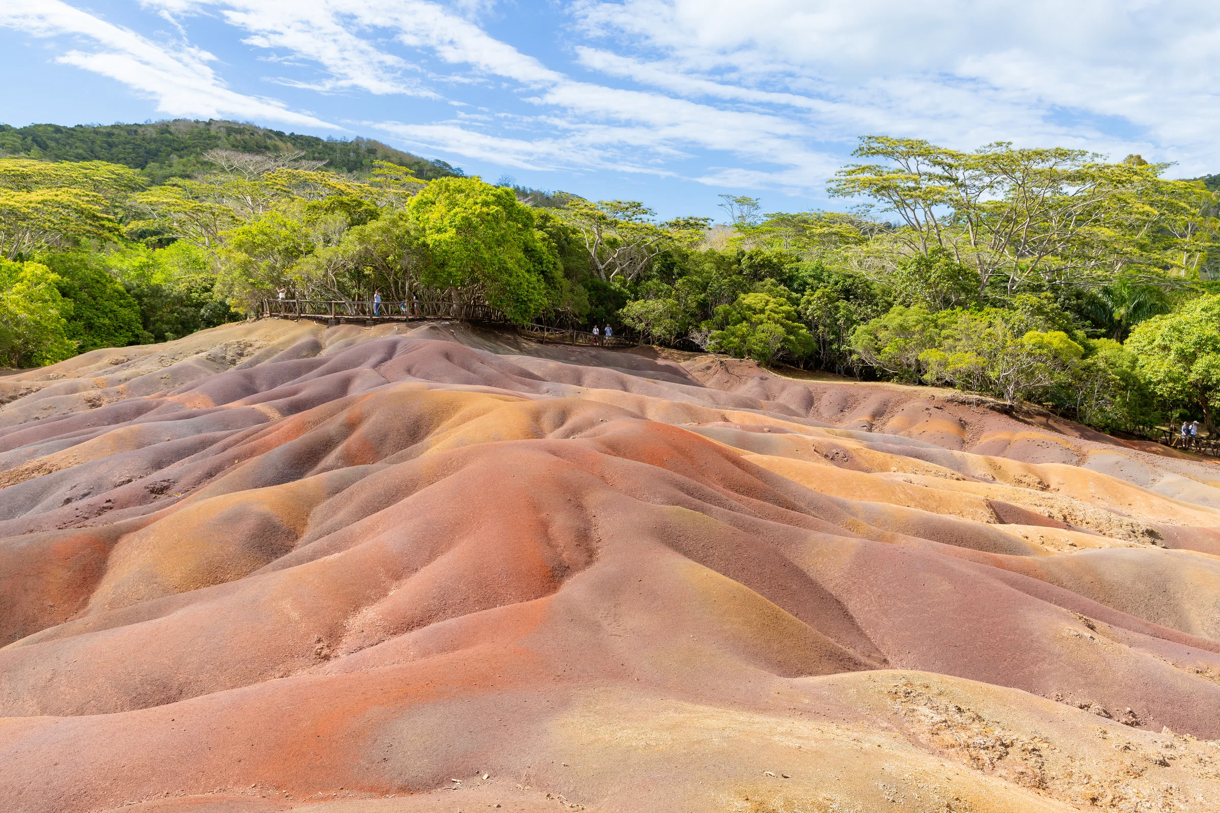 The Seven Coloured Earths of Chamarel, ringed by forest
