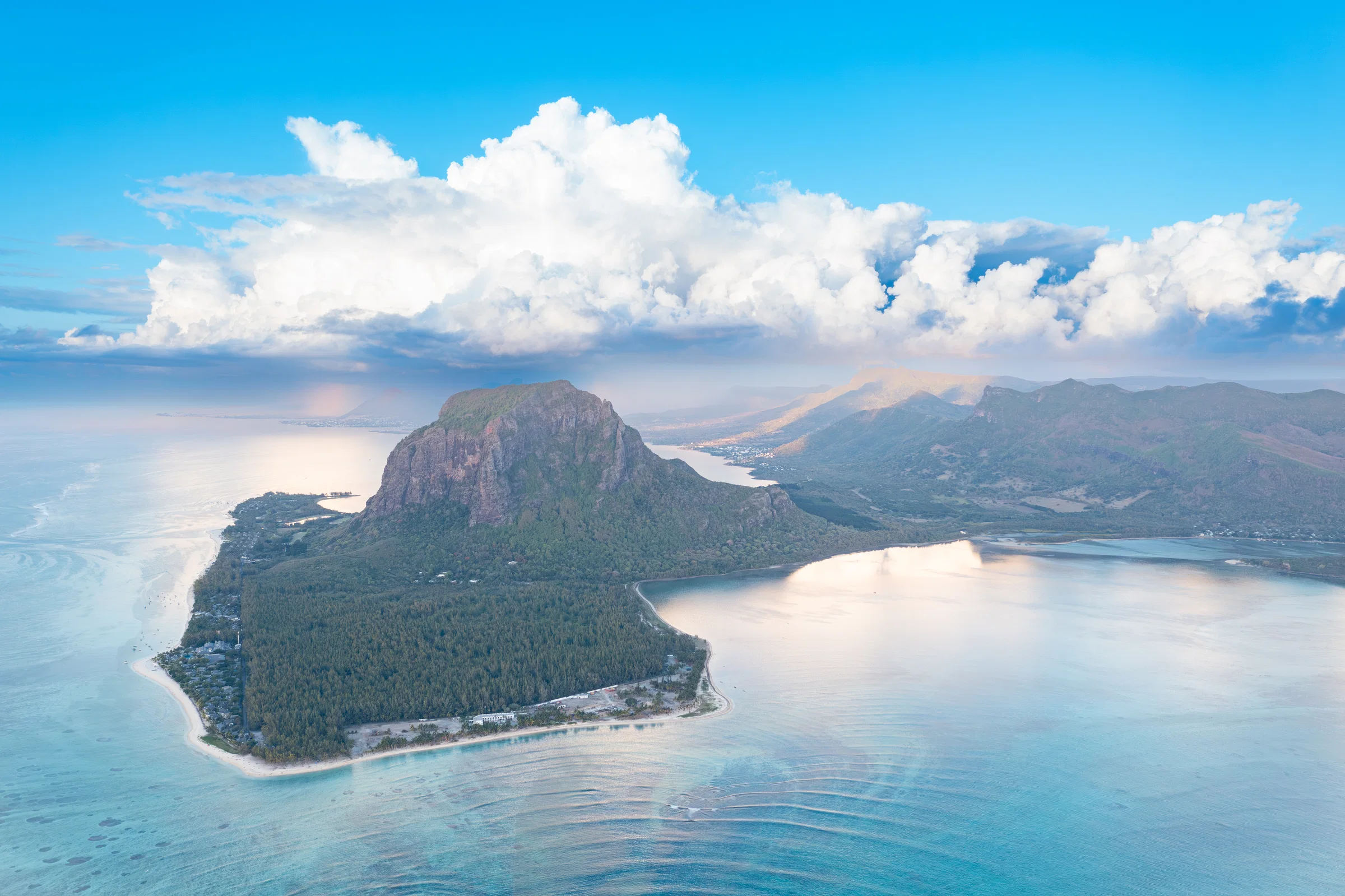 Aerial view of the Le Morne peninsula and its turquoise lagoon, south-west Mauritius