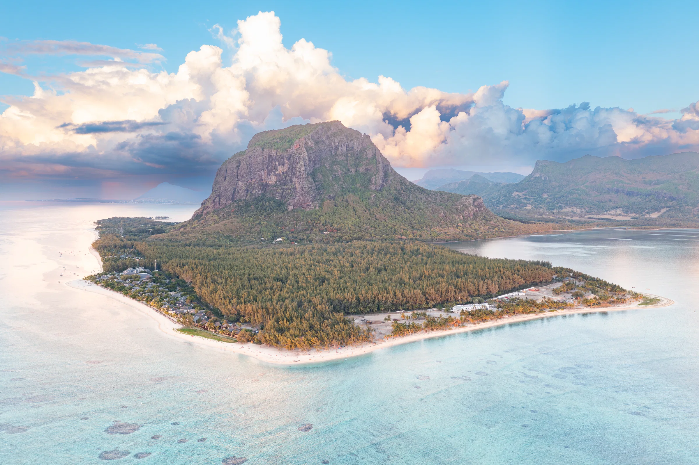 Aerial view of Le Morne Brabant and its peninsula, surrounded by lagoon