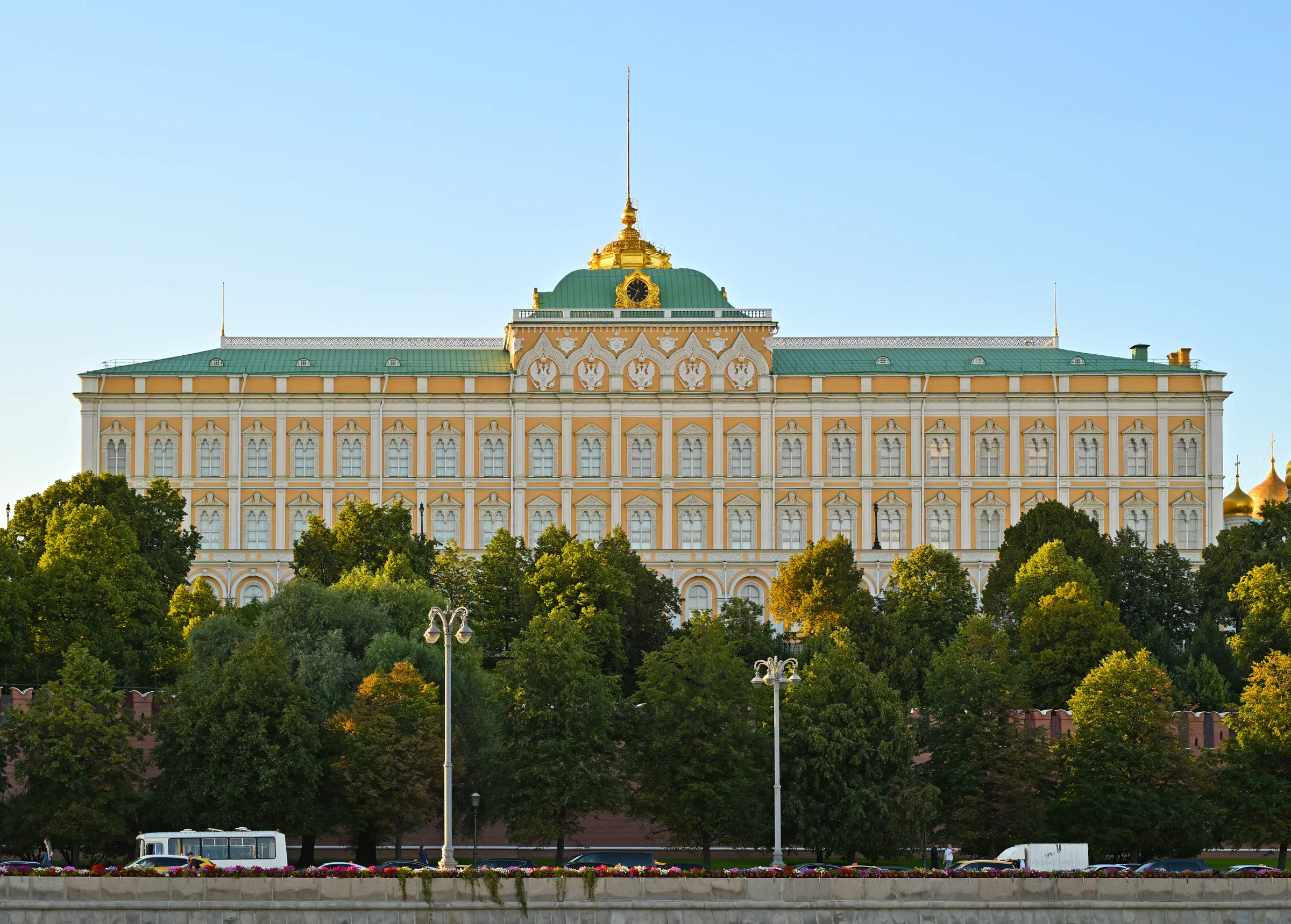 The Grand Kremlin Palace above the Kremlin wall and gardens in summer