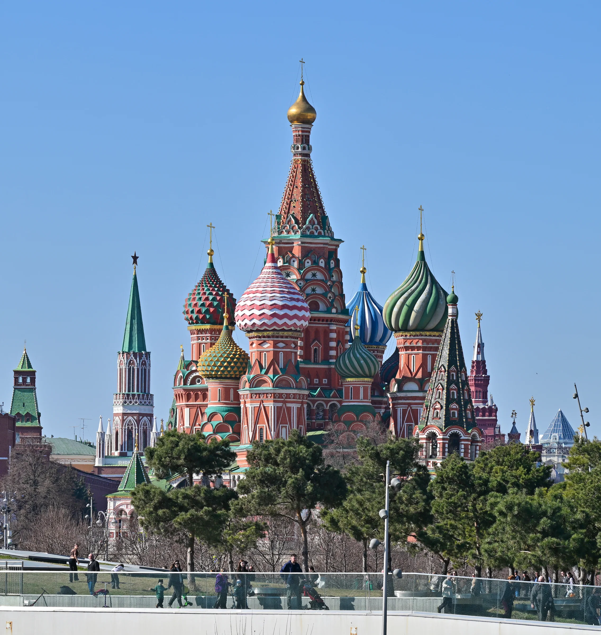 Saint Basil's Cathedral and the Kremlin towers seen from the floating bridge in Zaryadye Park