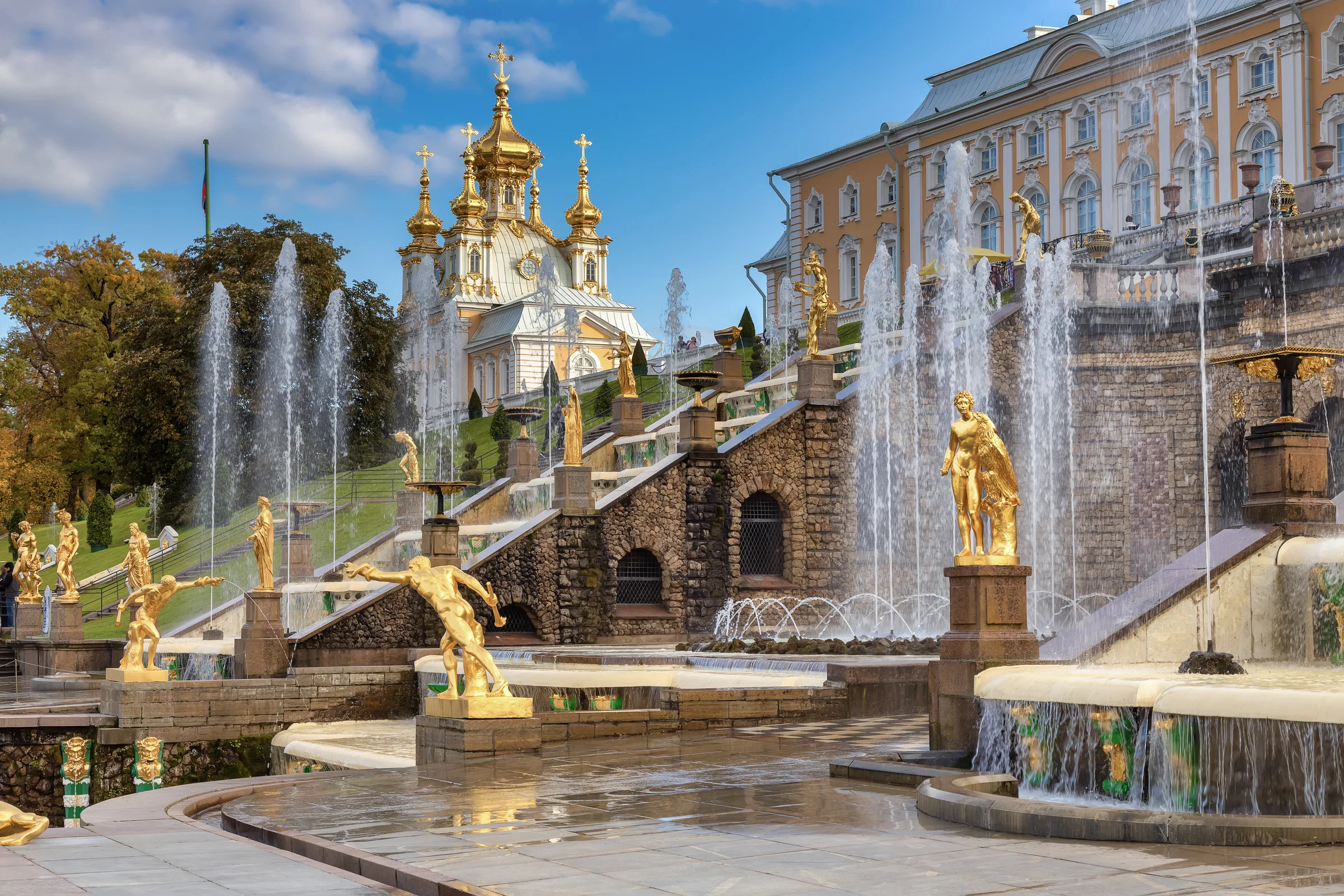 The Grand Cascade and its gilded fountains below the Grand Palace at Peterhof