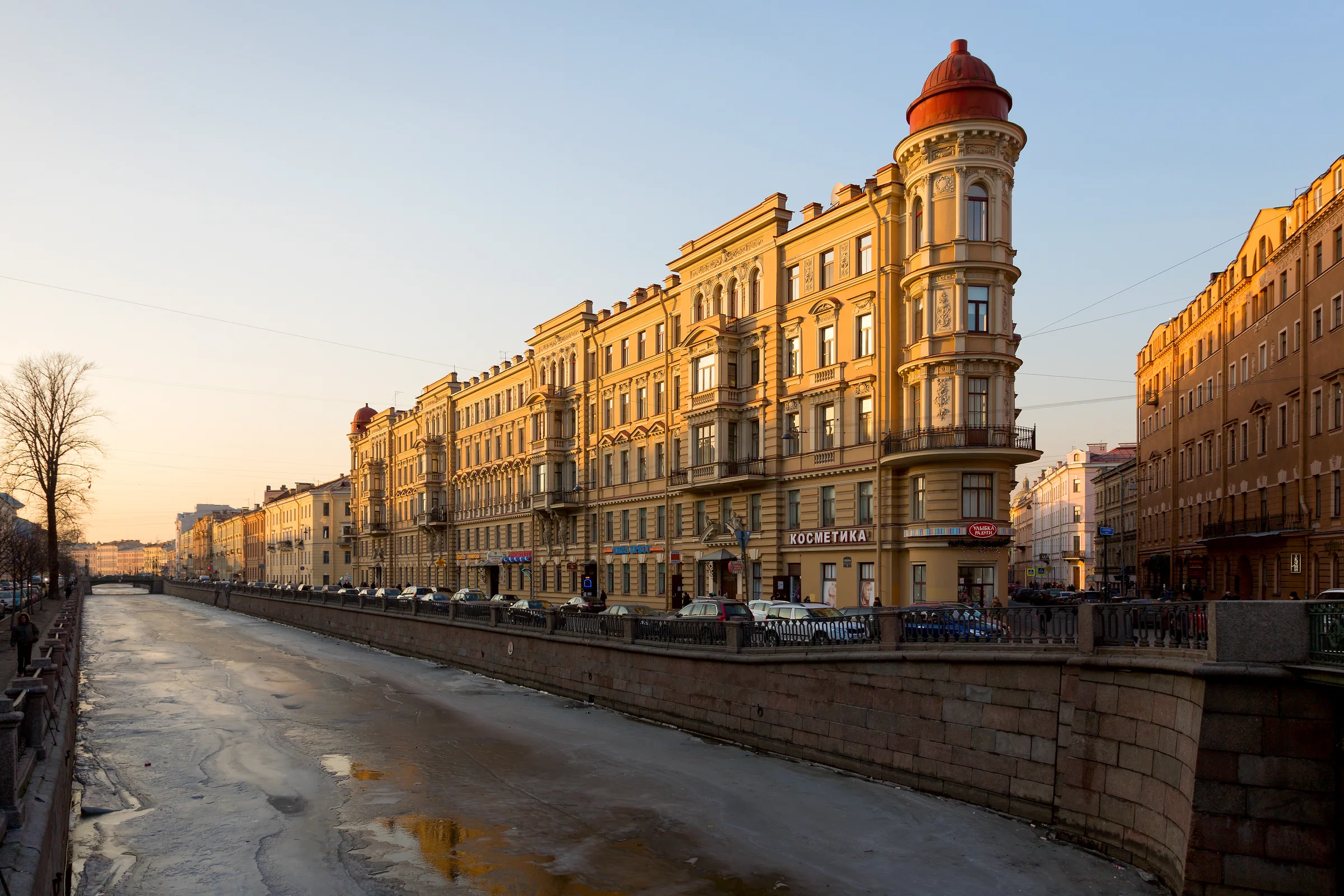 Nineteenth-century buildings along the Griboyedov Canal in Saint Petersburg in late-afternoon light