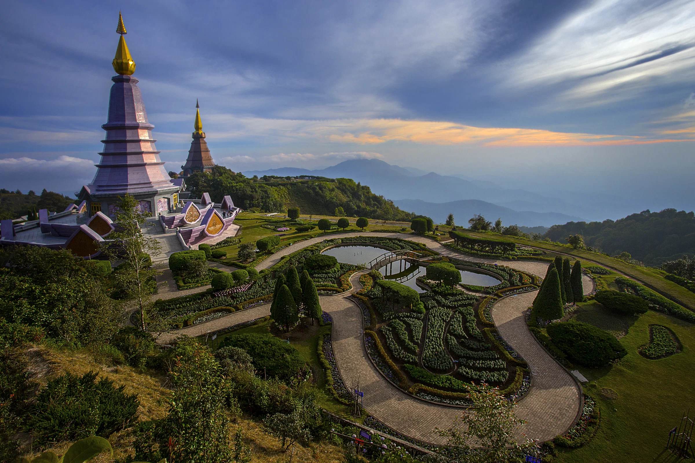 The two royal chedis and gardens near the summit of Doi Inthanon