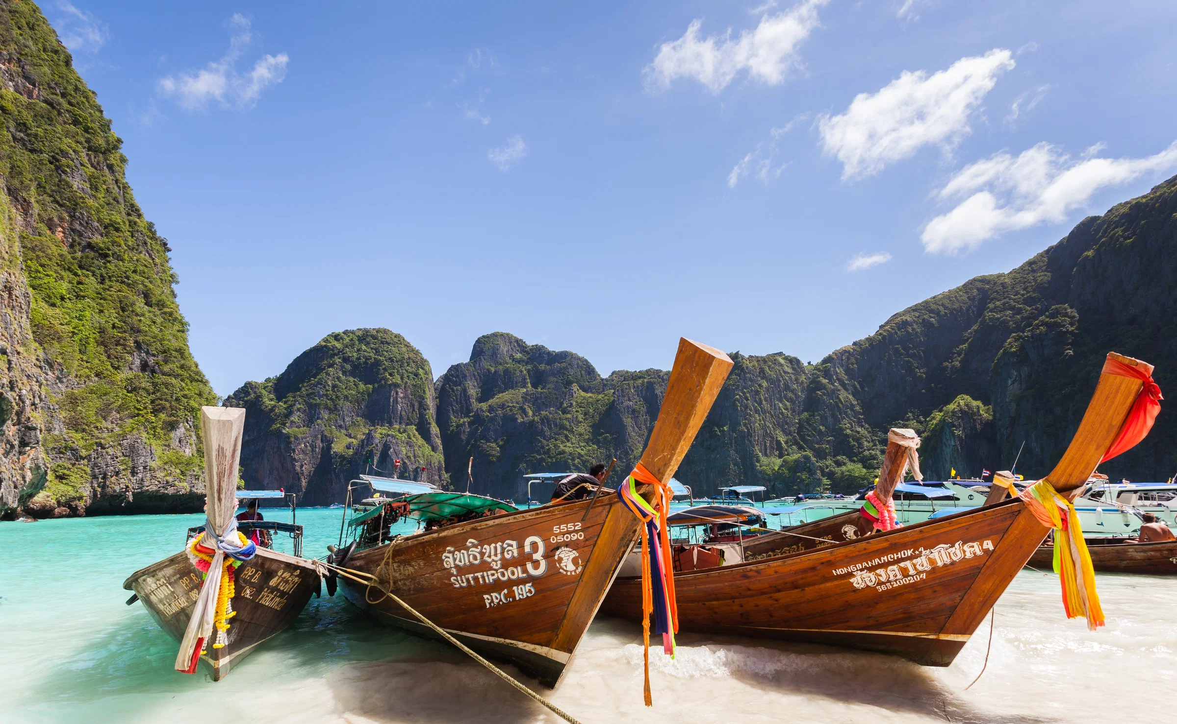 Long-tail boats moored on Maya Beach, Ko Phi Phi Le