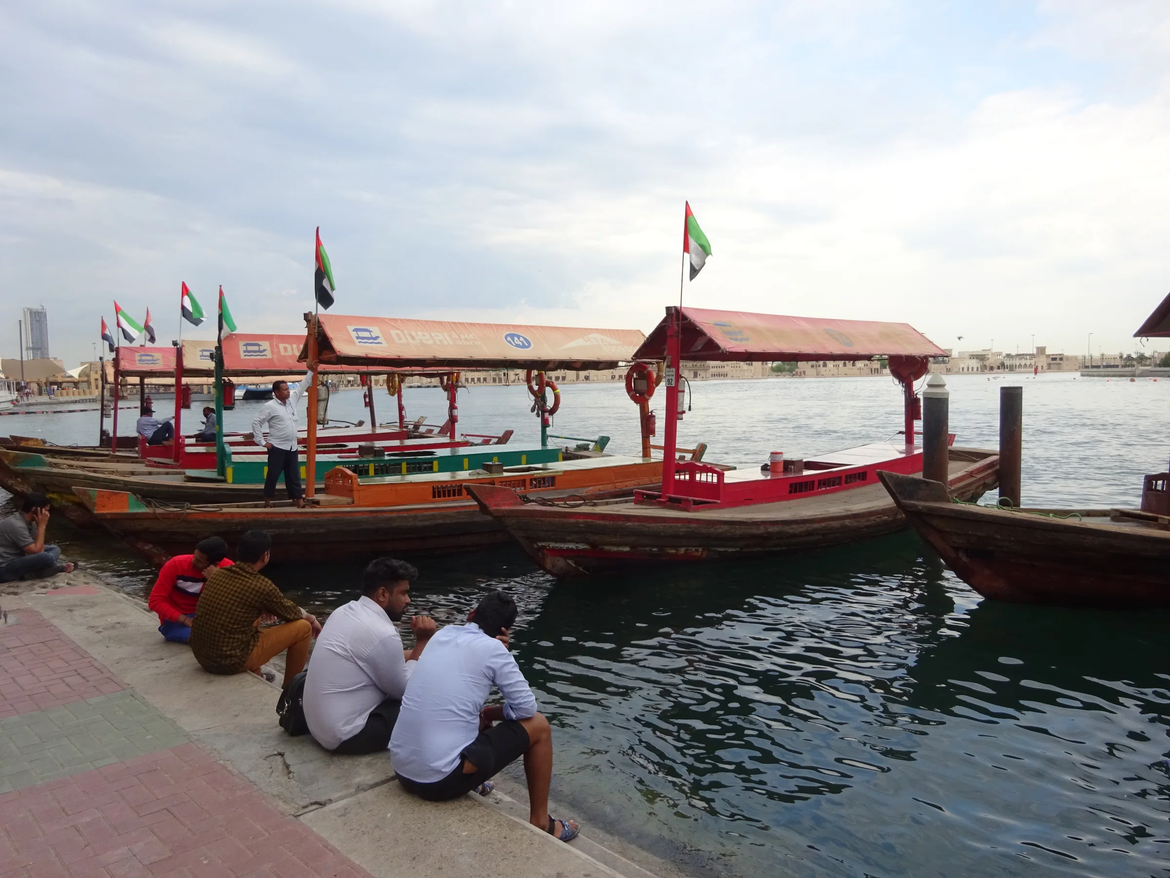 Wooden abra ferry boats moored on Dubai Creek