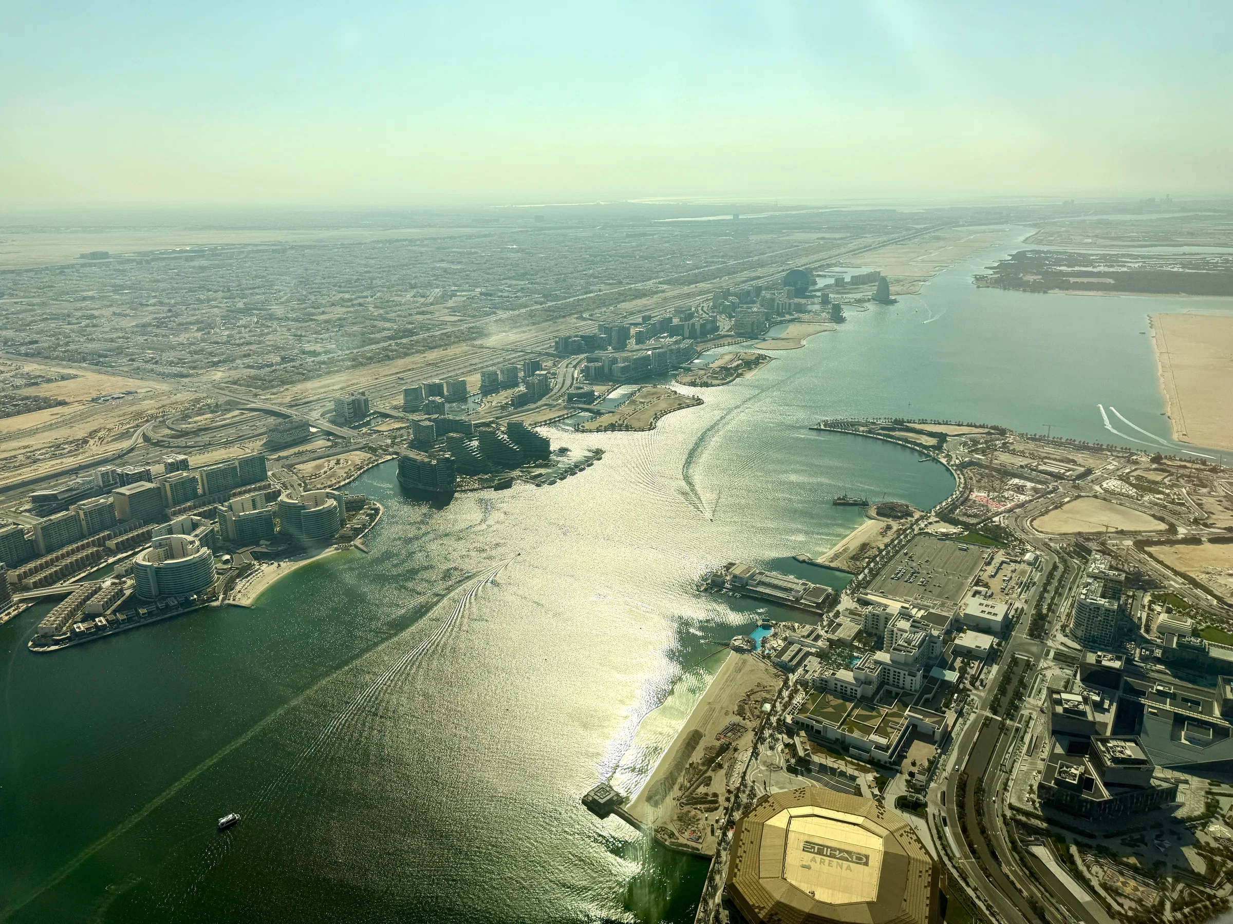 Aerial view of Yas Bay Waterfront and the channel around Yas Island, Abu Dhabi