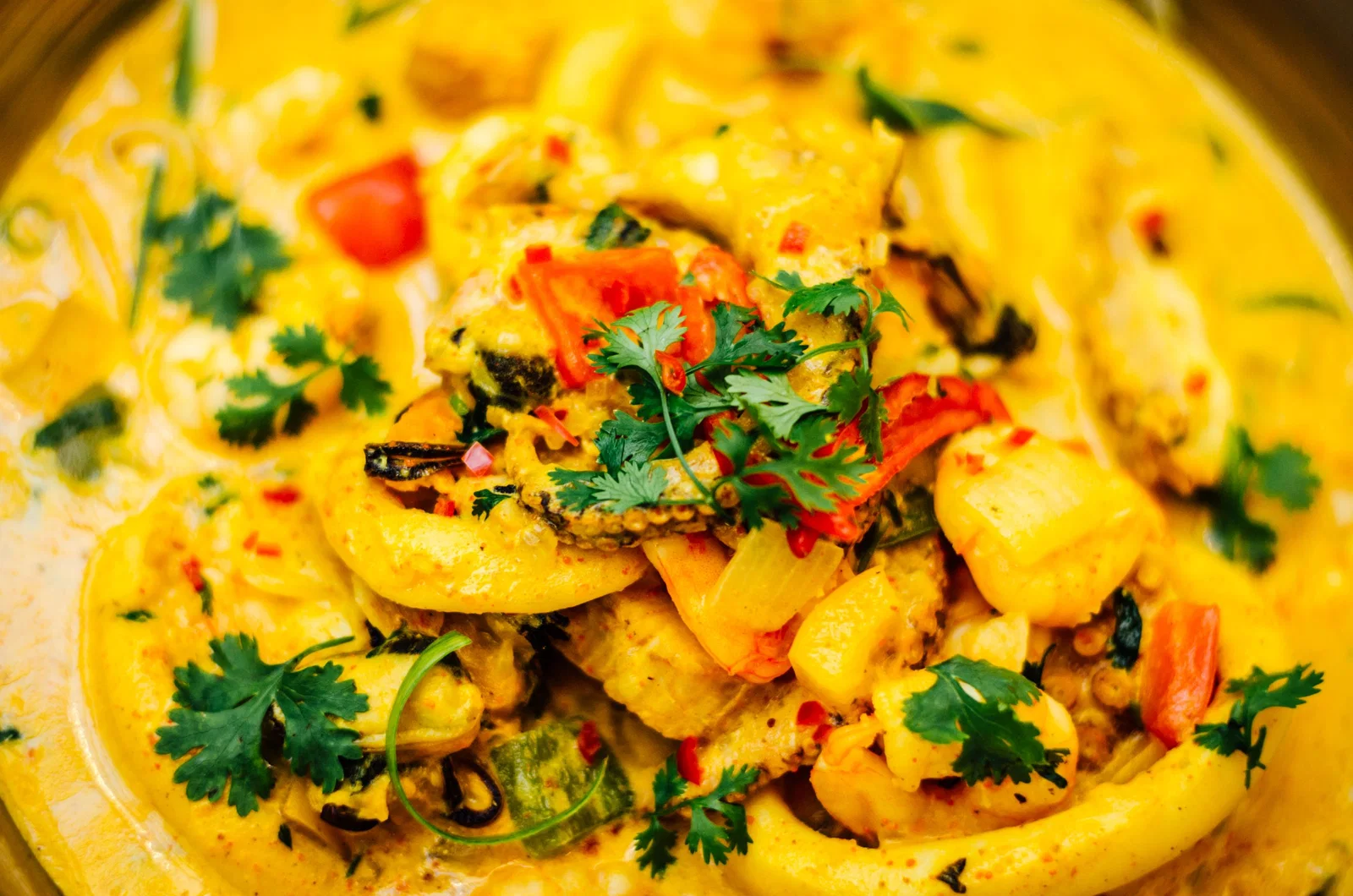A seafood curry with octopus, sprinkled with parsley