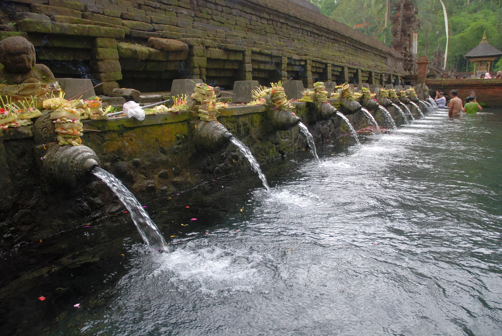 A row of carved stone spouts pouring spring water into the bathing pool at Tirta Empul