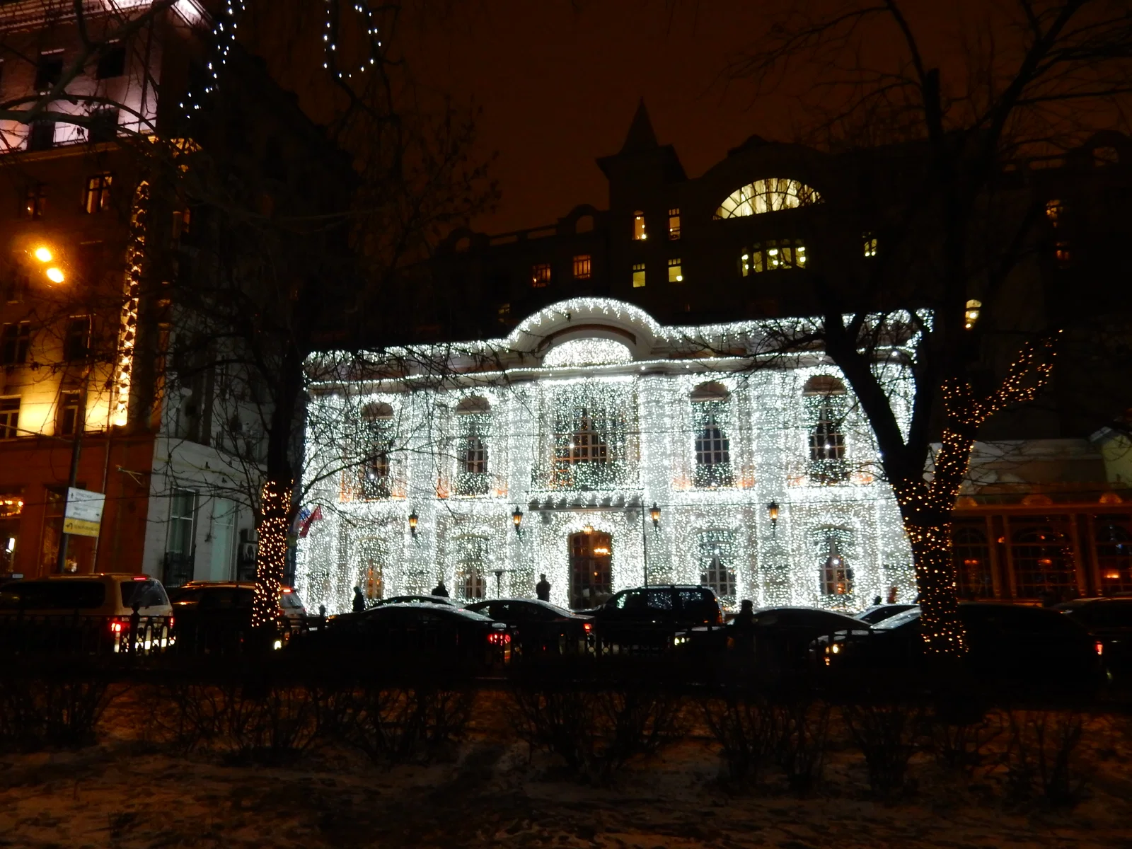 The mansion of Café Pushkin on Tverskoy Boulevard, Moscow, lit for winter