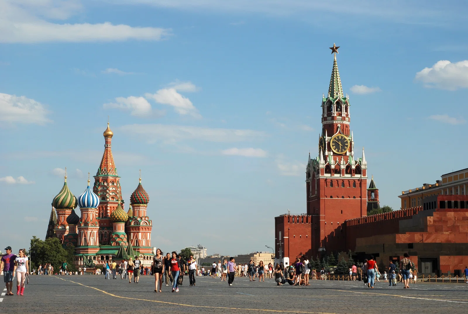 Red Square in Moscow, with Saint Basil's Cathedral and the Spasskaya Tower of the Kremlin