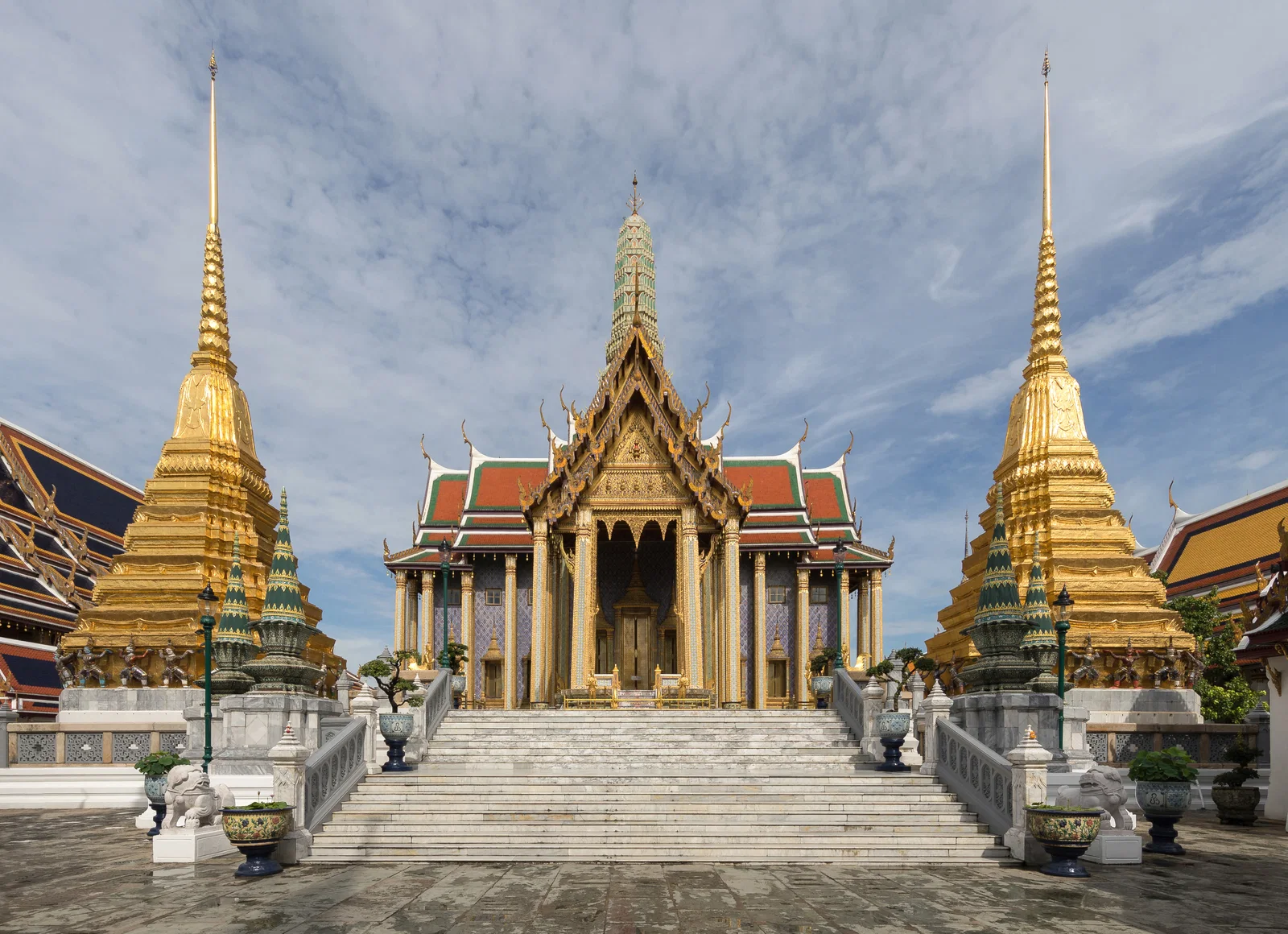 Prasat Phra Thep Bidorn and the golden chedis of Wat Phra Kaew in the Grand Palace, Bangkok